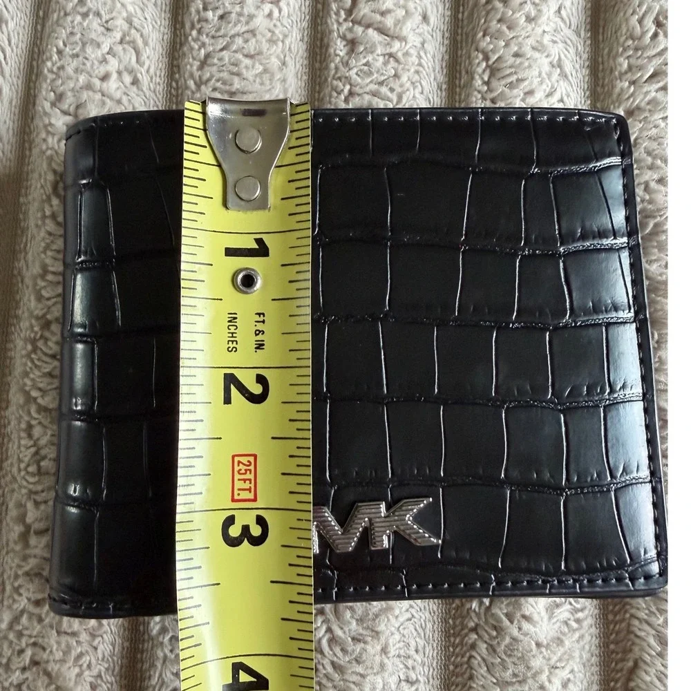 Michael Kors Mens Black Croc Embossed Leather Bifold Wallet Silver MK Logo
